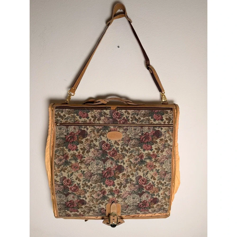Vintage French Luggage Co Floral Tapestry Garment Bag Suede Trim Travel Carrier